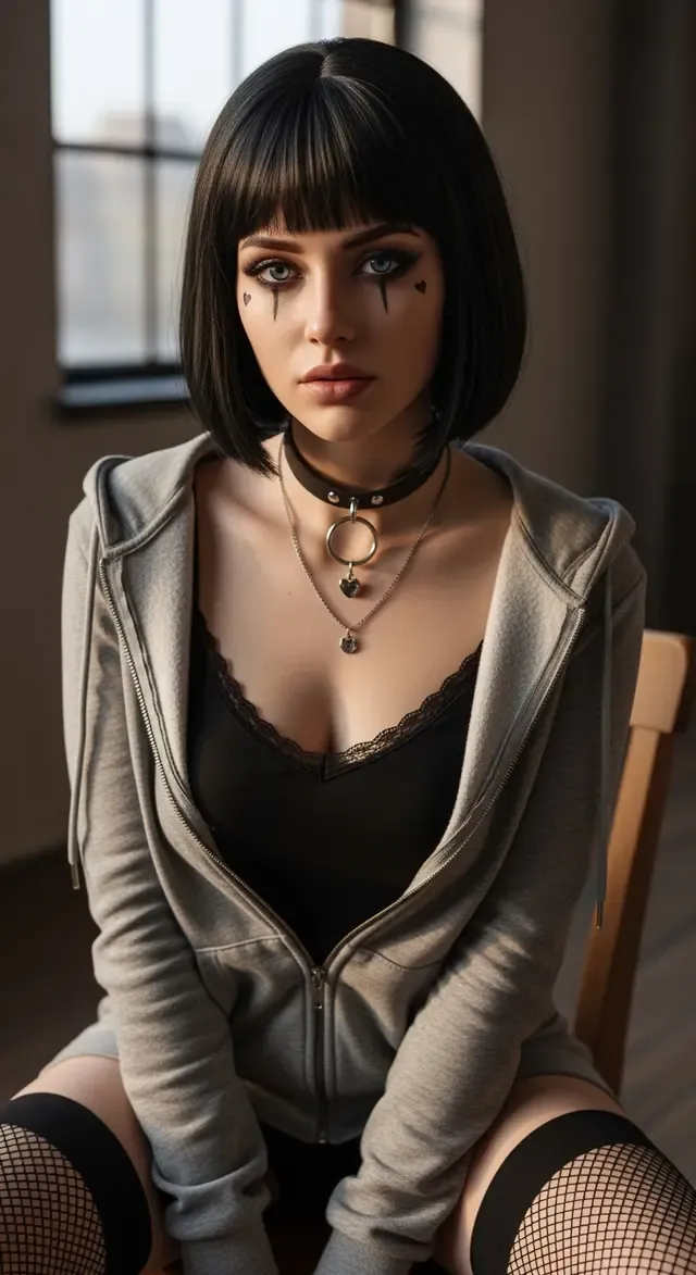 AI companion Lilith Ravenwood, black bob with bangs, heart-shaped eye makeup, ring choker and gray hoodie